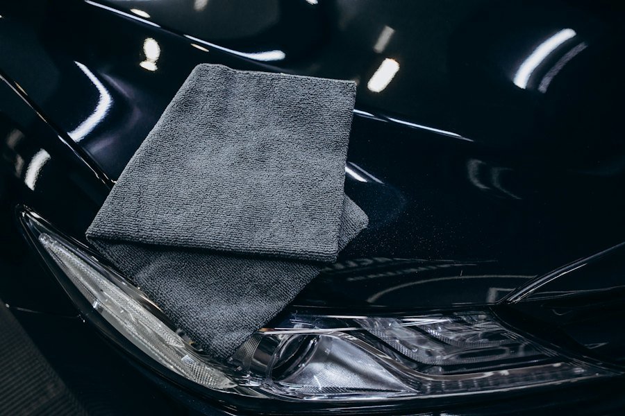 Microfiber towel on a ceramic coated black hood